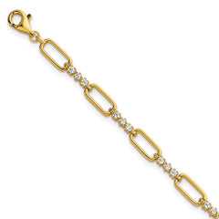 Sterling Silver Gold-tone Polished CZ and Paperclip Link 7 Inch with 1 Inch Extension Bracelet QG6850GP-7