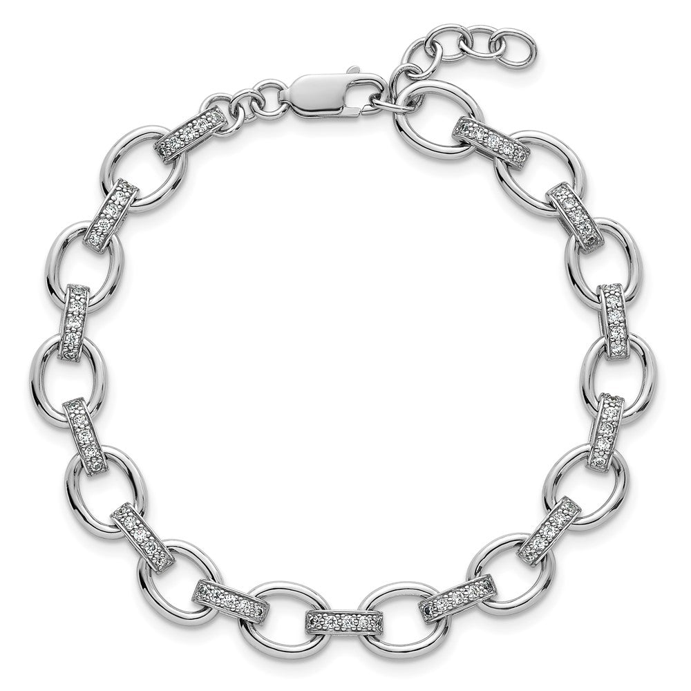 Sterling Silver Rhodium-plated Oval Link with CZ Bars 7 inch with 0.75 inch Extension Bracelet QG6851-7