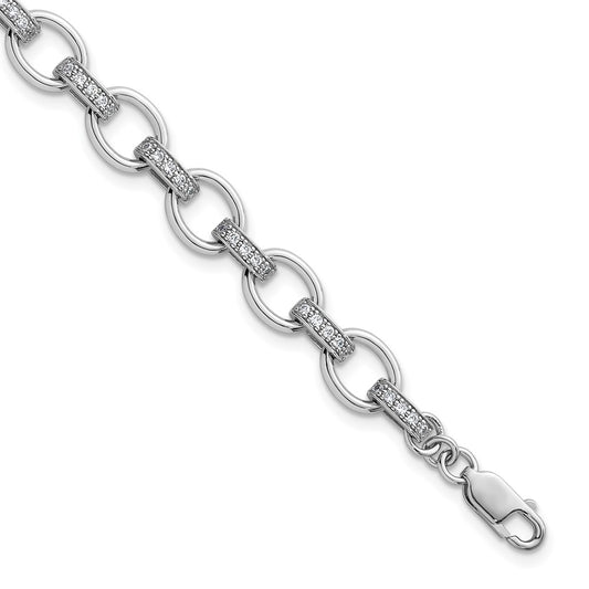 Sterling Silver Rhodium-plated Oval Link with CZ Bars 7 inch with 0.75 inch Extension Bracelet QG6851-7