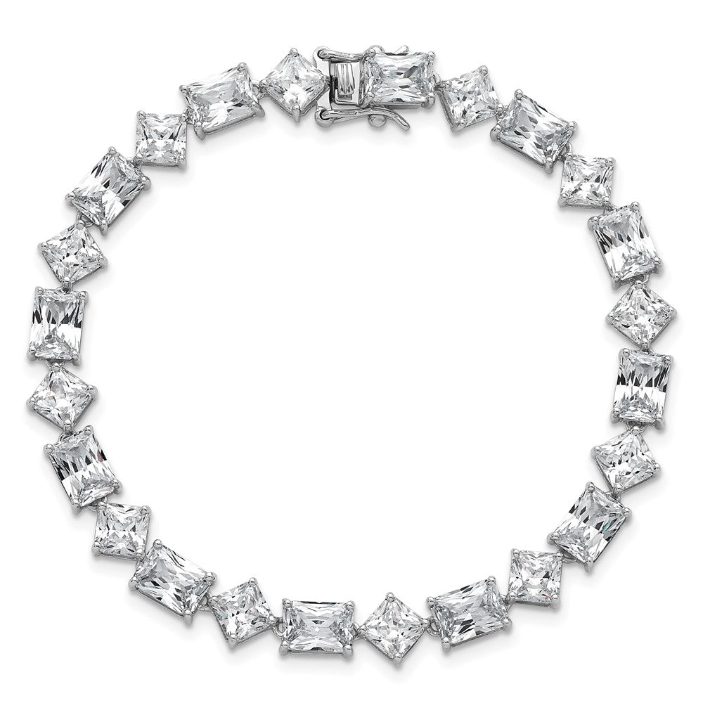 Sterling Silver Rhodium-plated Polished Fancy Princess and Emerald-cut CZ 7.25 Inch Bracelet QG6859-7.25