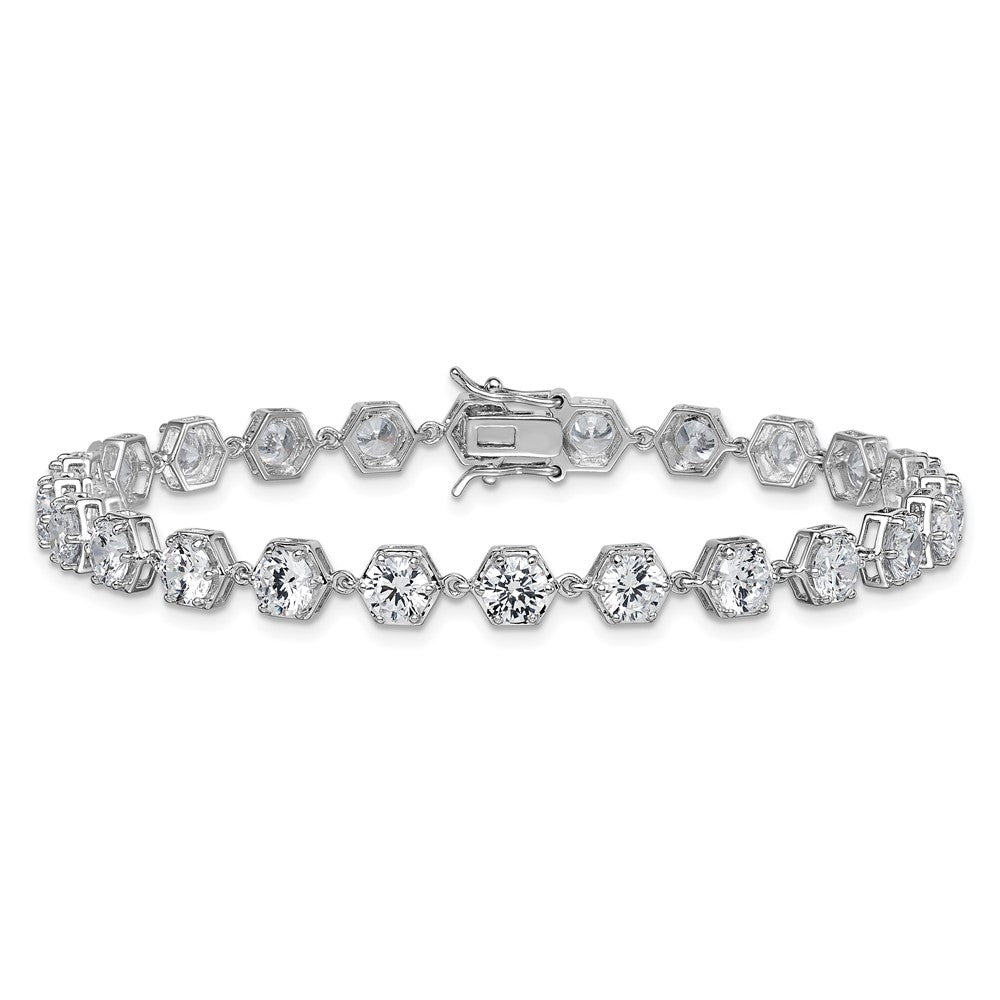 Sterling Silver Rhodium-plated Polished Round CZ in Hexagon Setting 8 Inch Bracelet QG6860-8