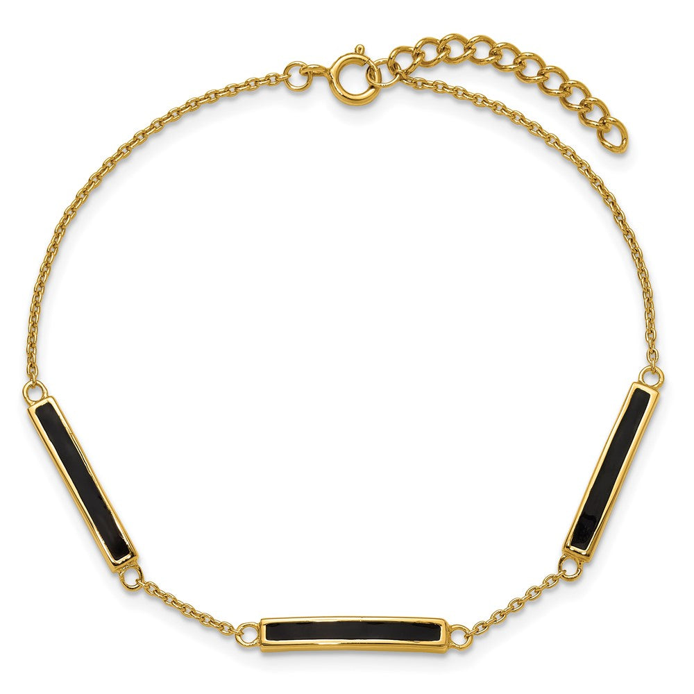 Sterling Silver Gold-plated Polished Black Enameled Bars 7 inch with 0.5 inch extension Bracelet QG6862-7