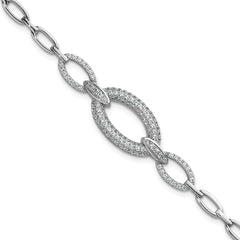 Sterling Silver Rhodium-plated Polished CZ Oval Link 7 inch Bracelet QG6864-7