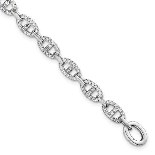 Sterling Silver Rhodium-plated Polished CZ Anchor/Mariner Link 7.25 inch Bracelet QG6865-7.25