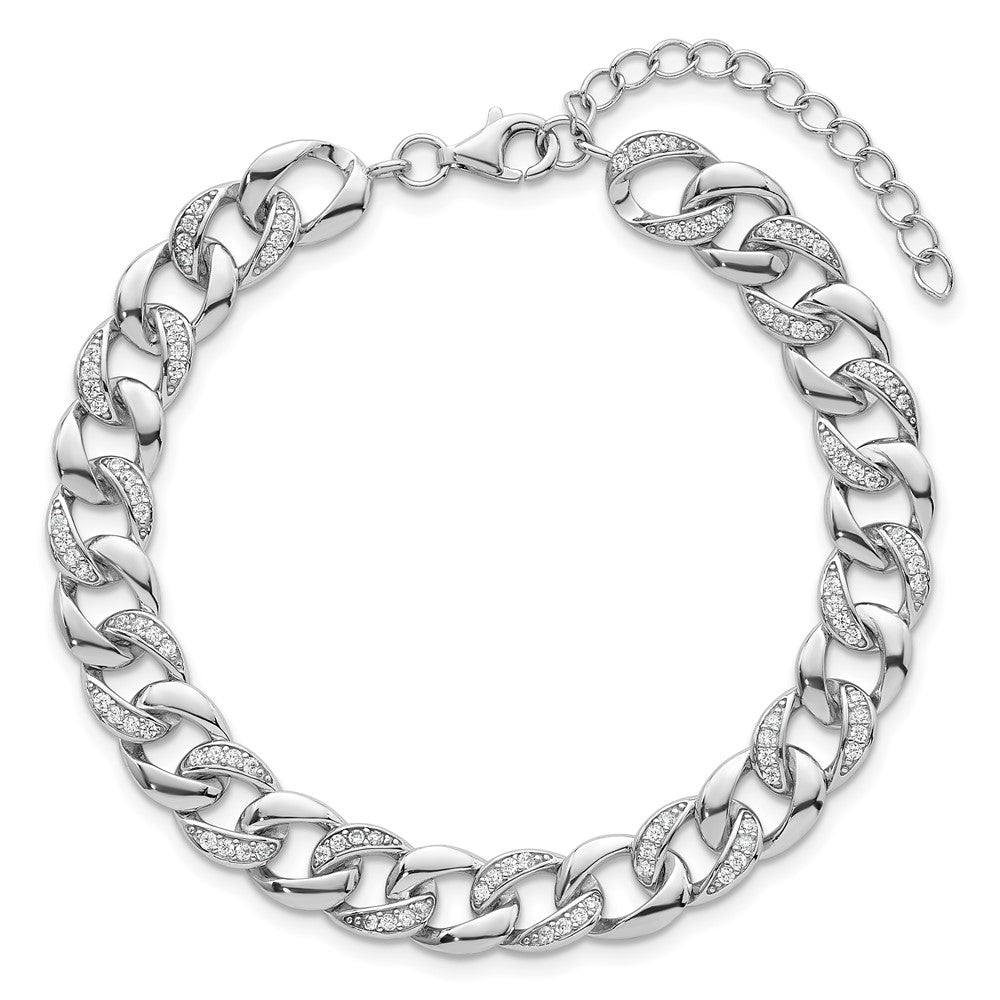 Sterling Silver Rhodium-plated Polished CZ 8.00mm Curb Link 7 Inch with 1.5 Inch Extension Bracelet QG6867-7