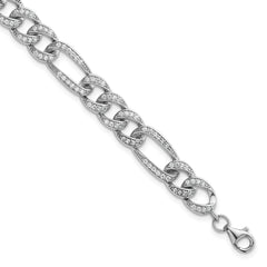 Sterling Silver Rhodium-plated Polished CZ 8.5mm Figaro Link 7 Inch with 1.5 Inch Extension Bracelet QG6868-7