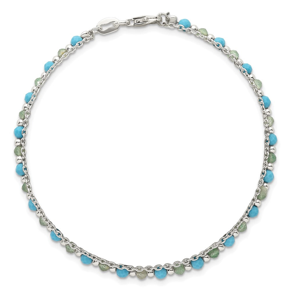 Sterling Silver Polished Green Aventurine and Turquoise Beaded Double Strand 7.5 inch Bracelet QG6872-7.5