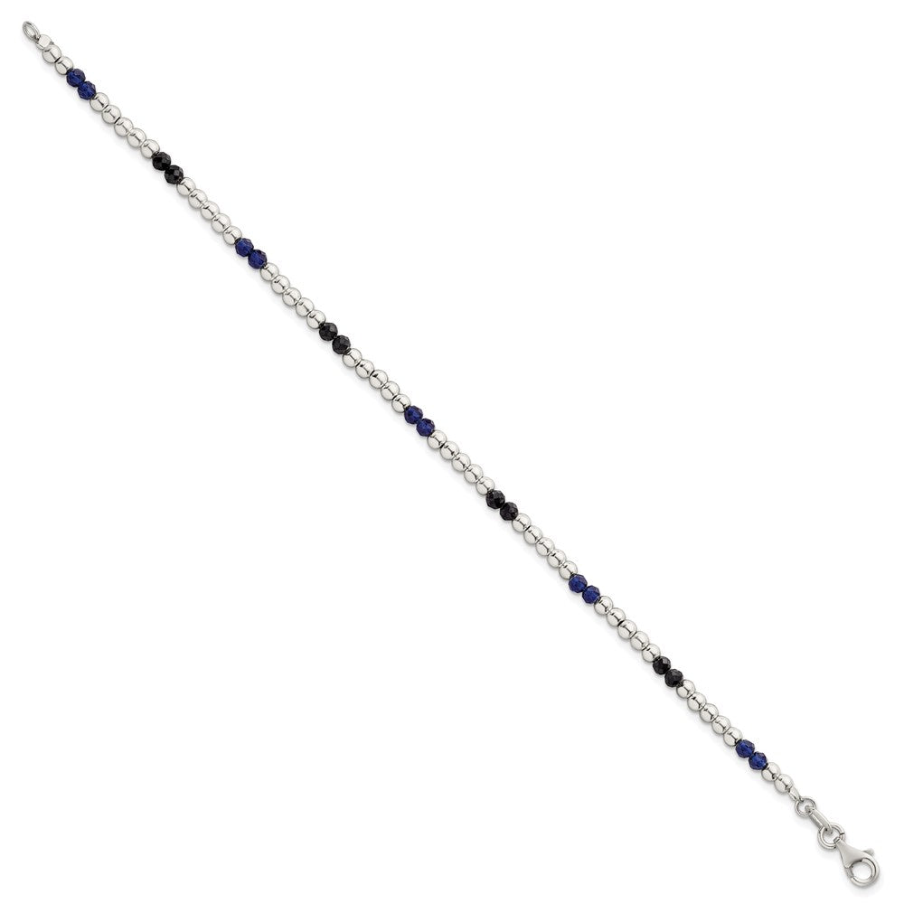 Sterling Silver Polished Blue Agate and Spinel Beaded 7.5 inch Bracelet QG6873-7.5