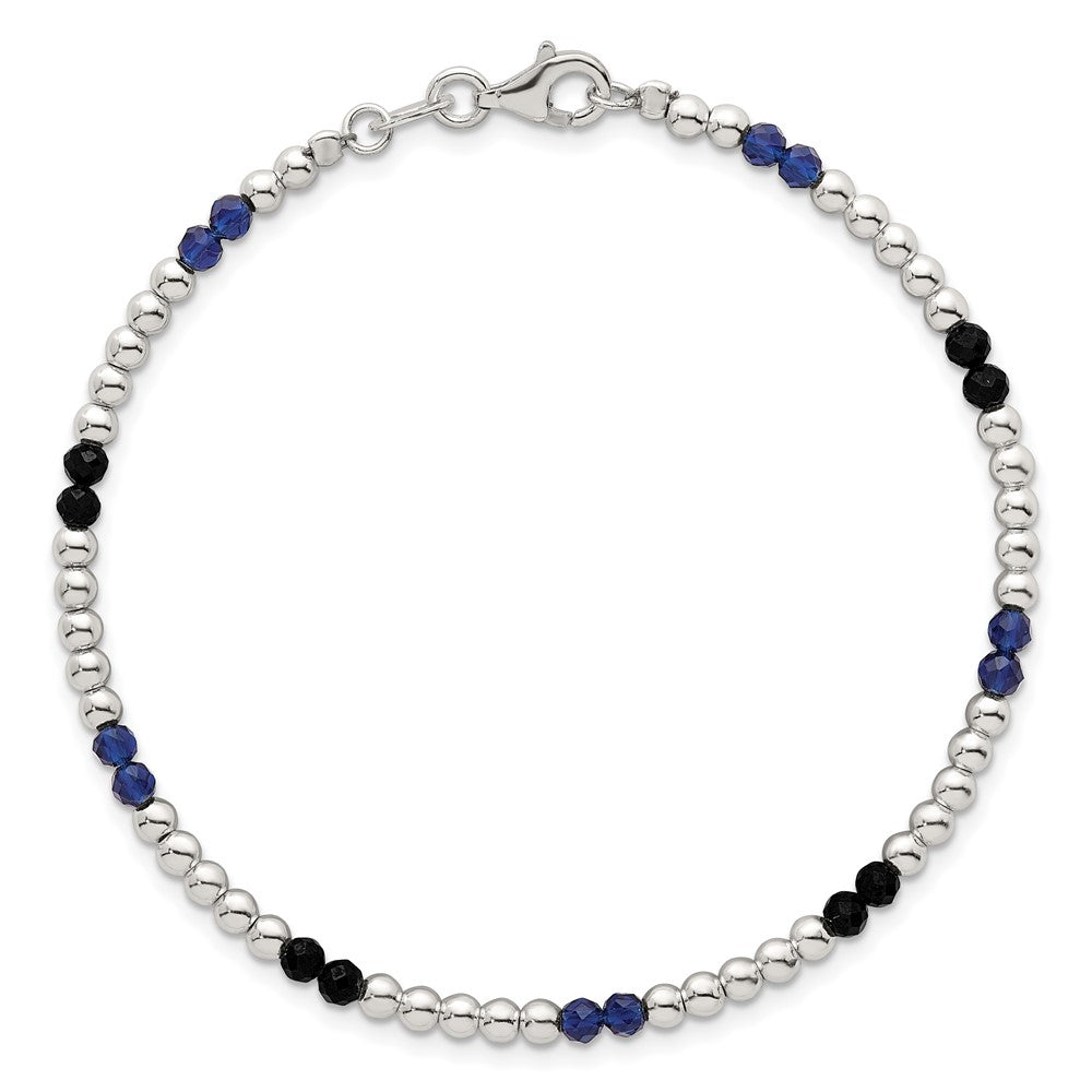 Sterling Silver Polished Blue Agate and Spinel Beaded 7.5 inch Bracelet QG6873-7.5