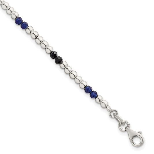 Sterling Silver Polished Blue Agate and Spinel Beaded 7.5 inch Bracelet QG6873-7.5