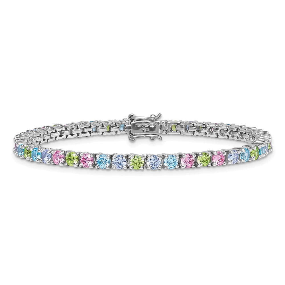 Sterling Silver Rhodium-plated Polished Pastel Green, Pink, Blue and Purple CZ 7.25 inch Bracelet QG6875-7.25