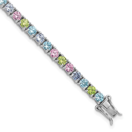 Sterling Silver Rhodium-plated Polished Pastel Green, Pink, Blue and Purple CZ 7.25 inch Bracelet QG6875-7.25