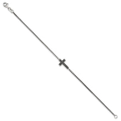 Sterling Silver Polished and Antiqued Black CZ Cross 7.5 inch Bracelet QG6876-7.5