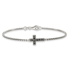 Sterling Silver Polished and Antiqued Black CZ Cross 7.5 inch Bracelet QG6876-7.5