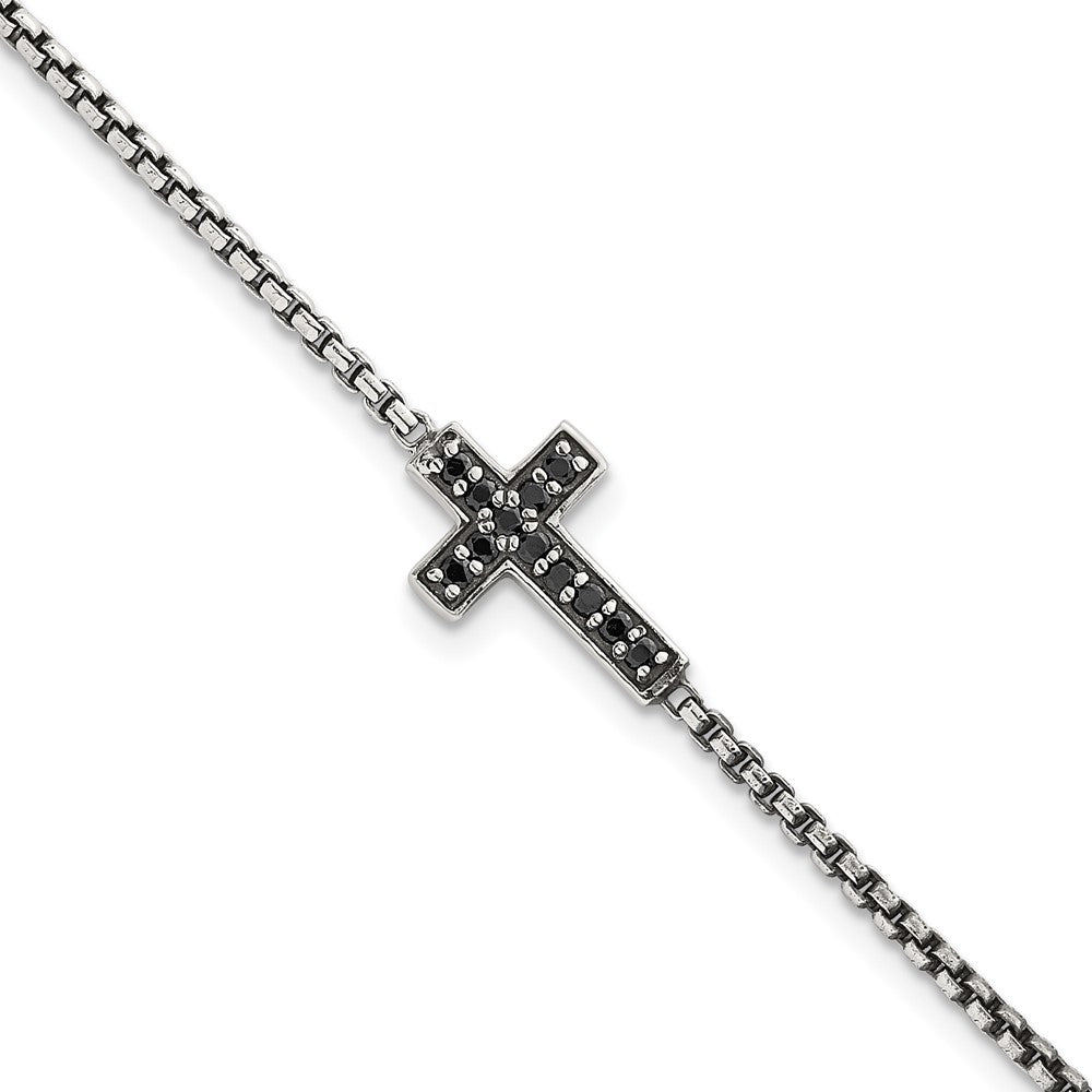 Sterling Silver Polished and Antiqued Black CZ Cross 7.5 inch Bracelet QG6876-7.5