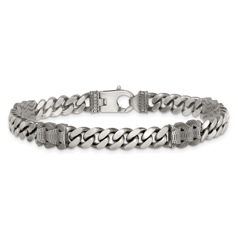 Sterling Silver Black Ruthenium-plated Brushed and Textured Fancy Flat Curb Chain Mens 8.5 inch Bracelet QG6917-8.5