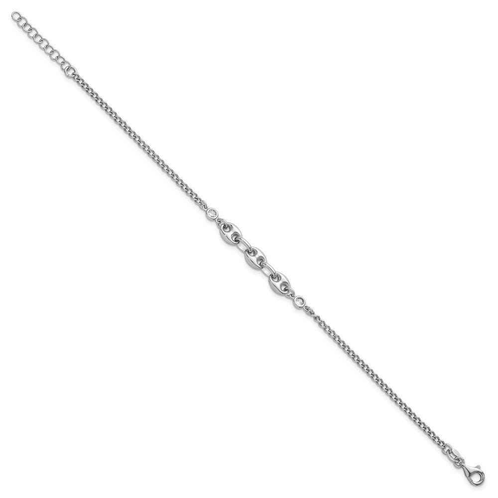 Sterling Silver Rhodium-plated Puffed Mariner Center with Side CZs 7 inch with 1 inch Extender Bracelet QG6921-7