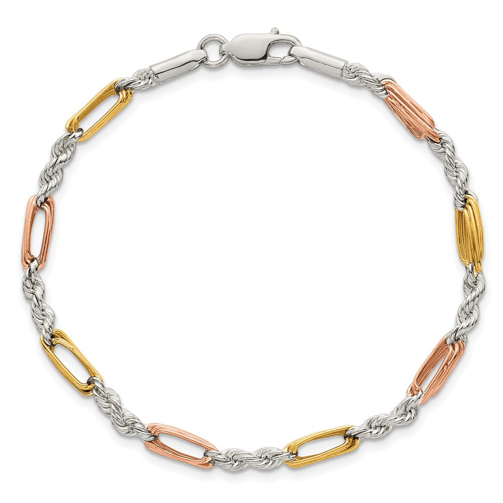 Sterling Silver Rose-tone and Gold-tone Polished 4.0mm Figaro Rope 7.5 Inch Bracelet QG6924-7.5