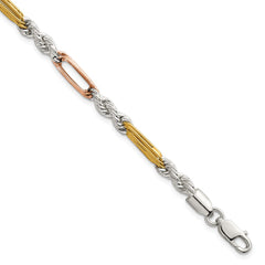 Sterling Silver Rose-tone and Gold-tone Polished 4.5mm Figaro Rope 7.5 Inch Bracelet QG6927-7.5