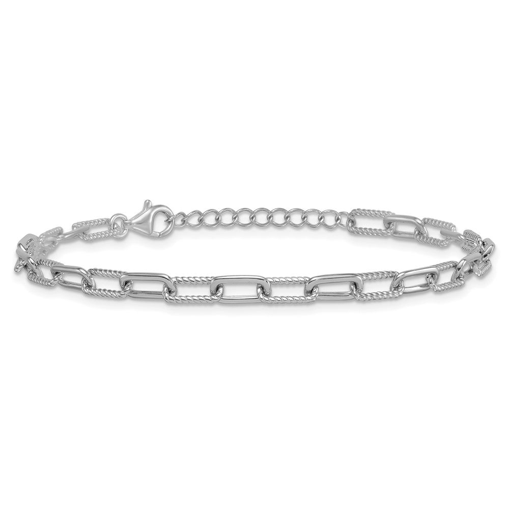 Sterling Silver Rhodium-plated Polished and Twisted Paperclip Link 7 Inch with 1 Inch Extension Bracelet QG6934-7