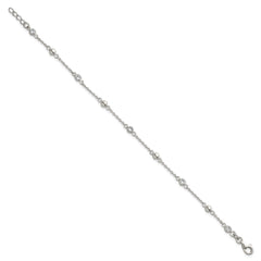 Sterling Silver Polished and Beaded CZ 6.75 inch with 0.5 inch Extension Bracelet QG6941-7