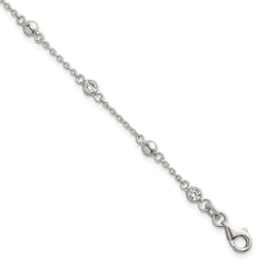 Sterling Silver Polished and Beaded CZ 6.75 inch with 0.5 inch Extension Bracelet QG6941-7