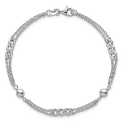 Sterling Silver Polished and Beaded Fancy Double-Strand Link 7.25 inch Bracelet QG6942-7.25
