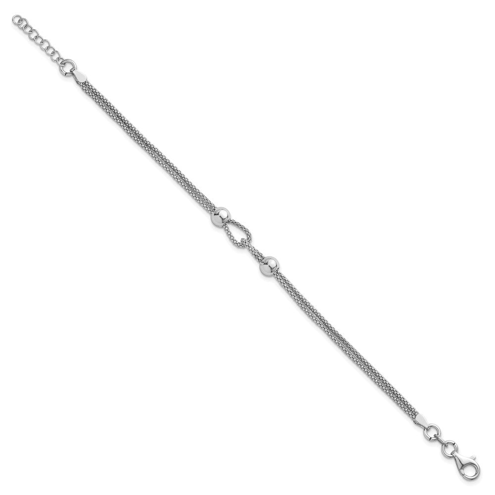 Sterling Silver Rhodium-plated Polished Beads Double Strand Mesh 7 inch with 0.75 inch Extender Bracelet QG6945-7