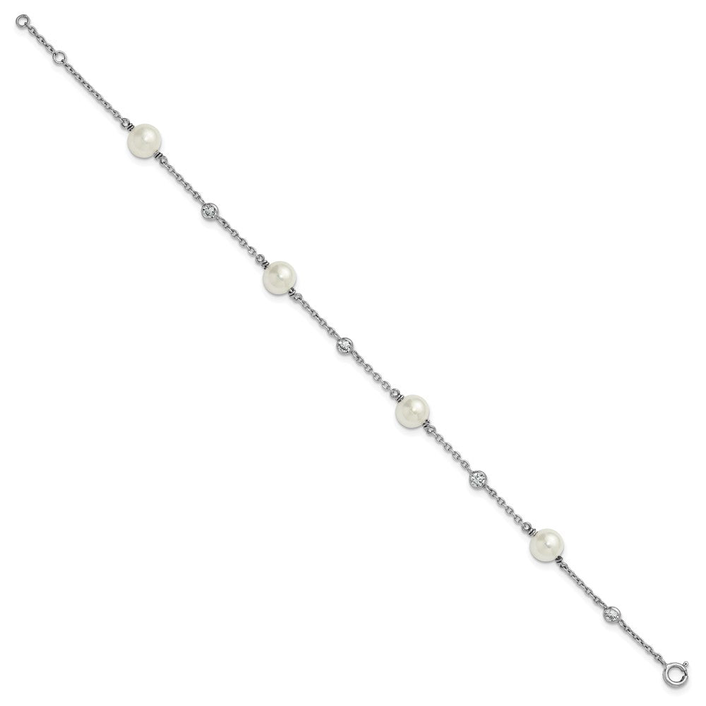 Sterling Silver Rhodium-plated Polished CZ and Shell Pearl 8-Station 7 inch with 0.5 inch Extender Bracelet QG6948-7