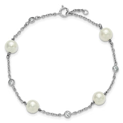 Sterling Silver Rhodium-plated Polished CZ and Shell Pearl 8-Station 7 inch with 0.5 inch Extender Bracelet QG6948-7