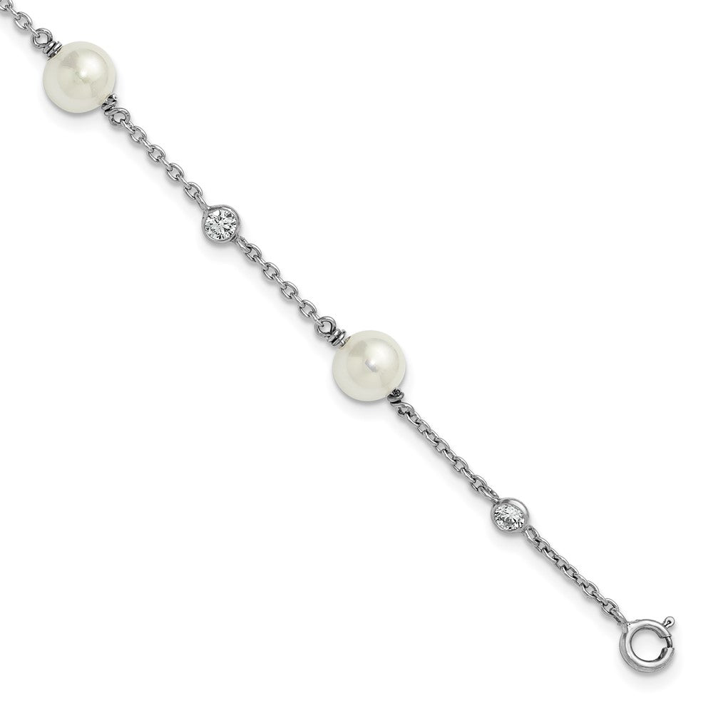 Sterling Silver Rhodium-plated Polished CZ and Shell Pearl 8-Station 7 inch with 0.5 inch Extender Bracelet QG6948-7