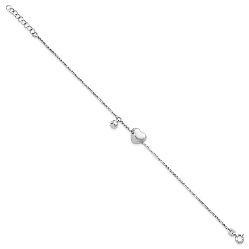 Sterling Silver Rhodium-plated Polished Puffed Heart and Ball 7 inch with 1 inch Extender Bracelet QG6952-7