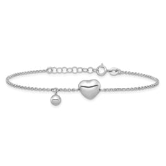 Sterling Silver Rhodium-plated Polished Puffed Heart and Ball 7 inch with 1 inch Extender Bracelet QG6952-7