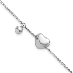 Sterling Silver Rhodium-plated Polished Puffed Heart and Ball 7 inch with 1 inch Extender Bracelet QG6952-7
