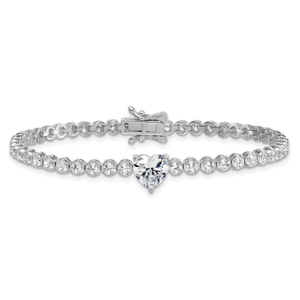 Sterling Silver Rhodium-plated Polished Round and Heart CZ 7.25 Inch Bracelet QG6954-7.25