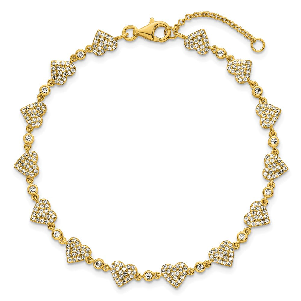 Sterling Silver Gold-tone Polished Pave CZ Hearts 7 Inch with 1 Inch Extension Bracelet QG6955GP-7