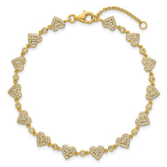 Sterling Silver Gold-tone Polished Pave CZ Hearts 7 Inch with 1 Inch Extension Bracelet QG6955GP-7