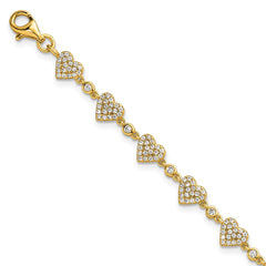 Sterling Silver Gold-tone Polished Pave CZ Hearts 7 Inch with 1 Inch Extension Bracelet QG6955GP-7