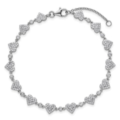 Sterling Silver Rhodium-plated Polished Pave CZ Hearts 7 Inch with 1 Inch Extension Bracelet QG6956-7