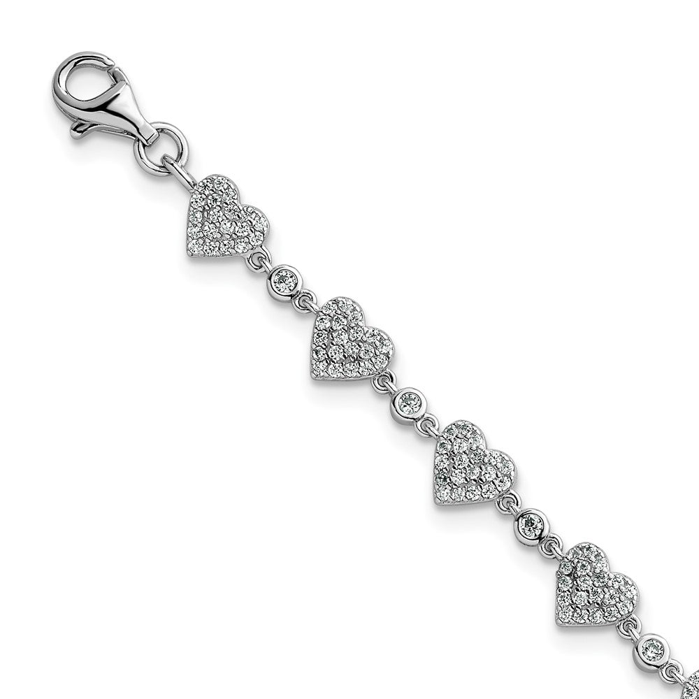 Sterling Silver Rhodium-plated Polished Pave CZ Hearts 7 Inch with 1 Inch Extension Bracelet QG6956-7