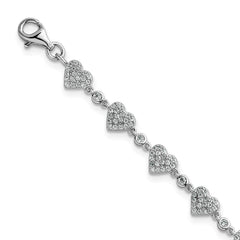 Sterling Silver Rhodium-plated Polished Pave CZ Hearts 7 Inch with 1 Inch Extension Bracelet QG6956-7