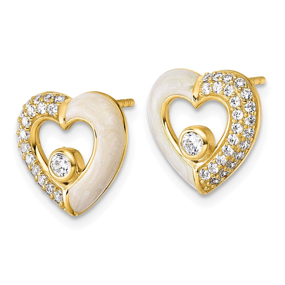 QG6957EGP Sterling Silver Gold-tone Polished CZ and Champagne Enamel Open Heart Post Earrings
