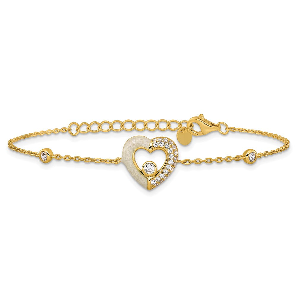 Sterling Silver Gold-tone Polished CZ and Champagne Enamel Open Heart 7 inch with 1 inch Extension Bracelet QG6957GP-7