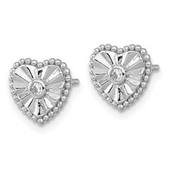 QG6958E Sterling Silver Rhodium-plated Polished Beaded and Textured CZ Heart Post Earrings