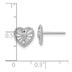 QG6958E Sterling Silver Rhodium-plated Polished Beaded and Textured CZ Heart Post Earrings