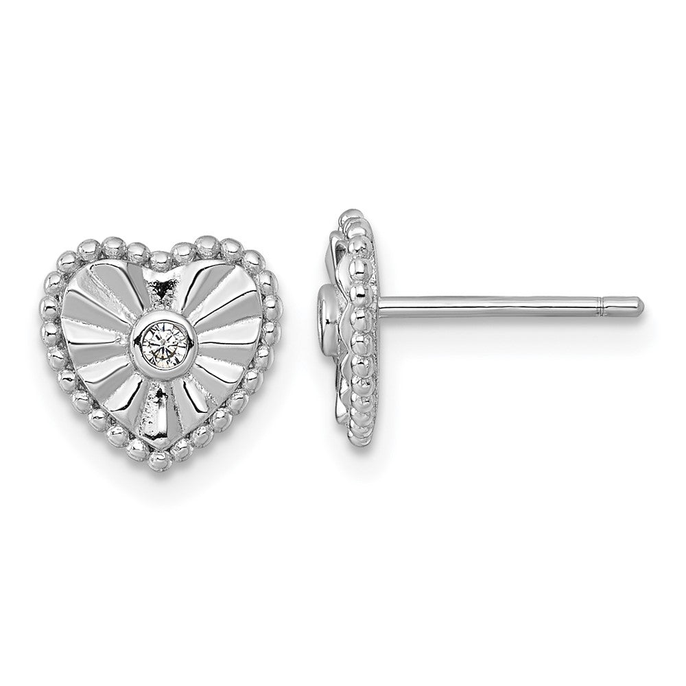 QG6958E Sterling Silver Rhodium-plated Polished Beaded and Textured CZ Heart Post Earrings