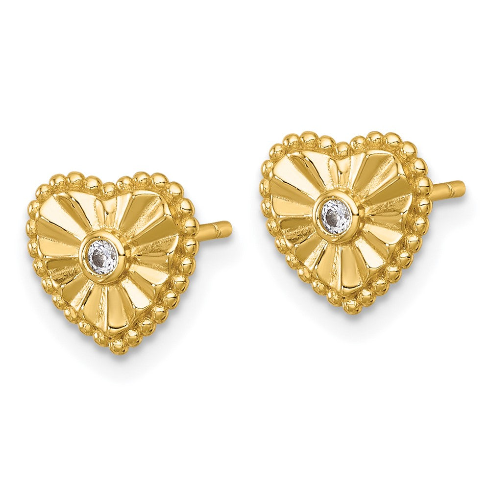 QG6958EGP Sterling Silver Gold-tone Polished Beaded and Textured CZ Heart Post Earrings