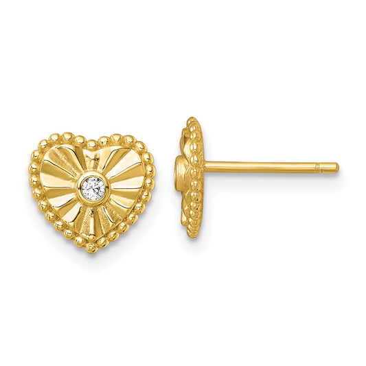 QG6958EGP Sterling Silver Gold-tone Polished Beaded and Textured CZ Heart Post Earrings