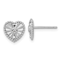 QG6958E Sterling Silver Rhodium-plated Polished Beaded and Textured CZ Heart Post Earrings