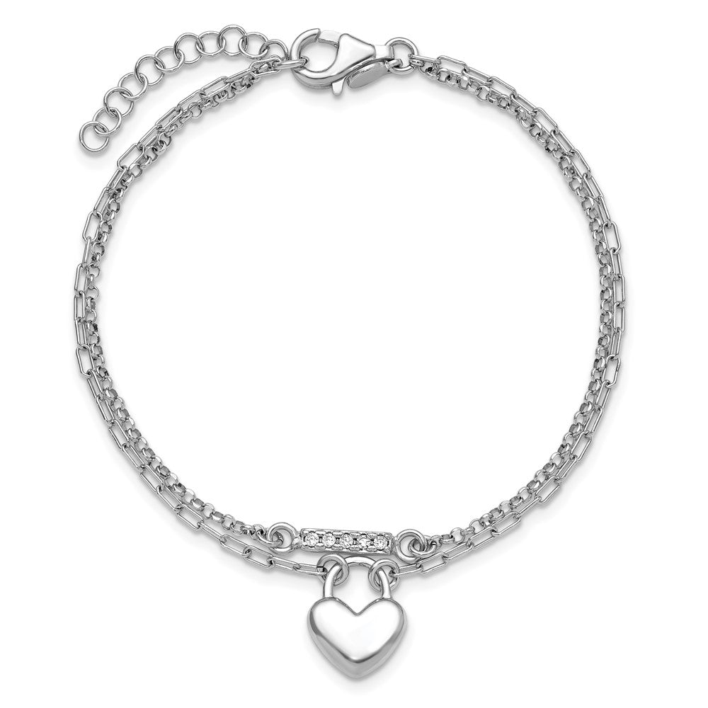 Sterling Silver Rhodium-plated CZ Puffed Heart 7 inch with 1 inch extender 2-strand Bracelet QG6959-7